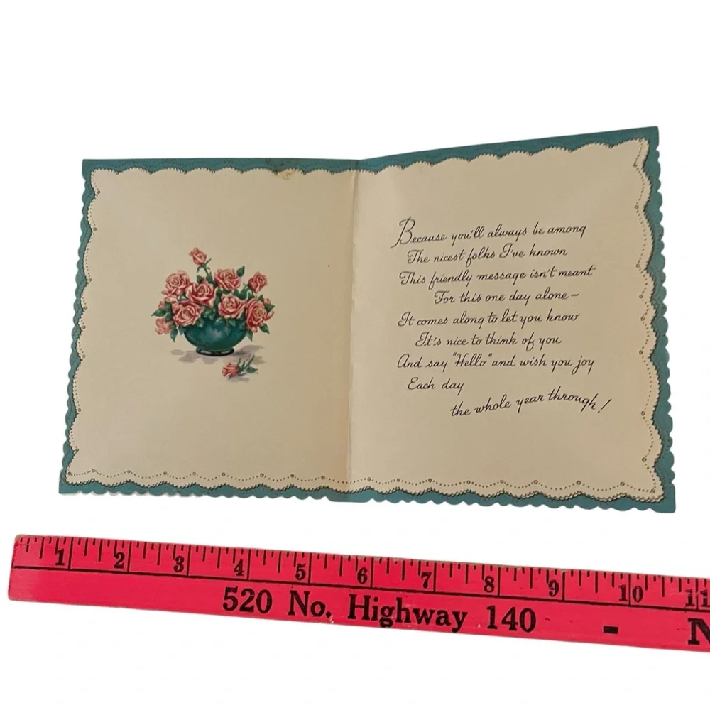 Unused Vintage 50s Thinking of You Card Fan and Roses Scalloped Friendship